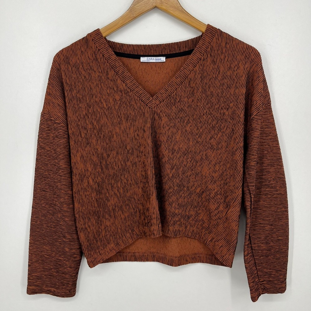 Zara Trafaluc Long Sleeve Blouse Women's Size S Orange‎ Bronze V Neck Crop